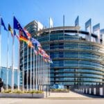 Entrance of the Louise Weiss building, seat of the European Parliament in Strasbourg, France.
